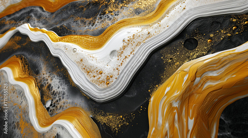 a modern white and yellow painting with a pattern on it, in the style of dark black and light amber, crystalline and geological forms, colorful moebius, delicate gold detailing photo