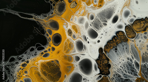 a modern white and yellow painting with a pattern on it, in the style of dark black and light amber, crystalline and geological forms, colorful moebius, delicate gold detailing photo