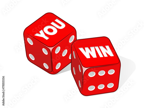 You win on two red dices isolated on white background. Winner concept. Red colorful dice. Pop art style hand drawn color vector illustration.