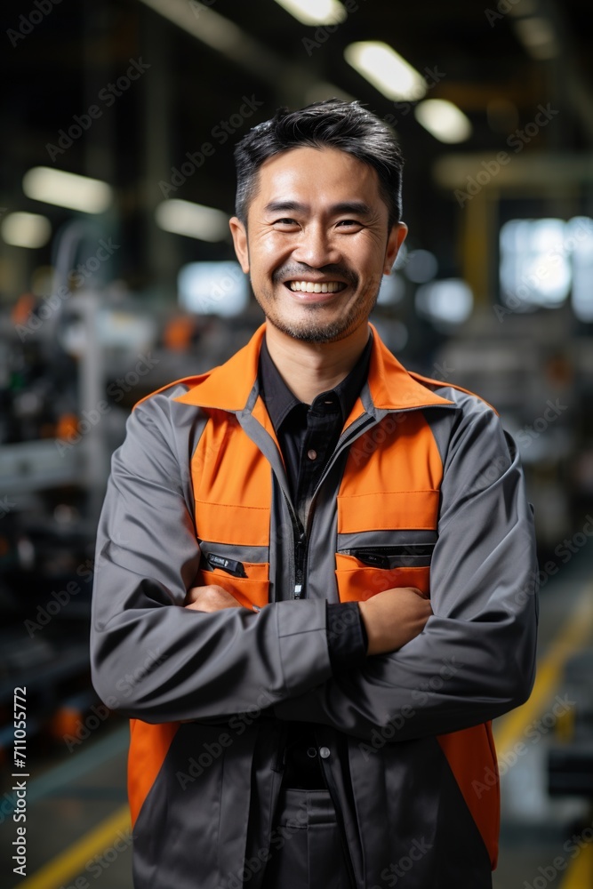 Portrait of a happy Asian male factory worker in a hard hat and safety vest standing with arms crossed in a factory Portrait of a happy Asian male factory worker in a hard hat and safety vest standing with arms crossed in a factory