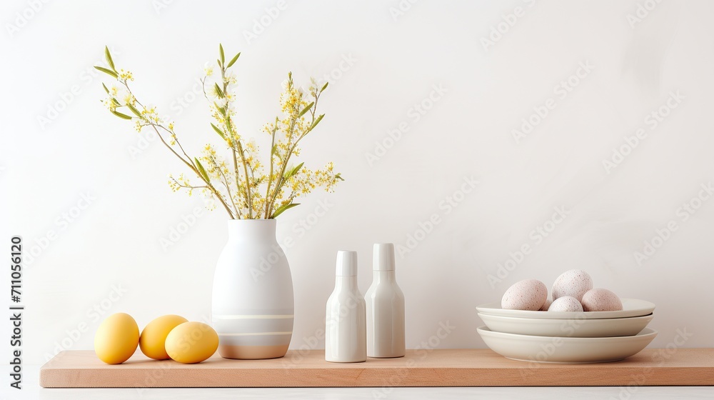Coastal style blank empty space kitchen countertop with Easter and spring decors, Happy Easter concept Coastal style blank empty space kitchen countertop with Easter and spring decors, Happy Easter concept