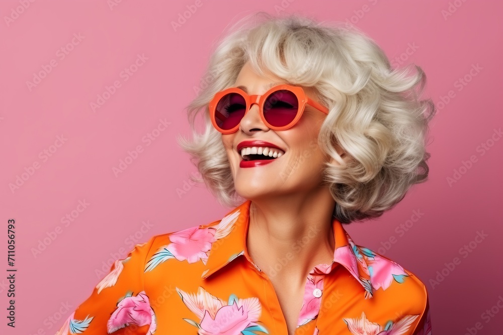 Portrait of a beautiful happy smiling old woman wearing sunglasses over pink background