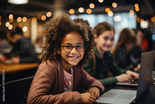 Portrait of a young African-American girl smiling while using laptop