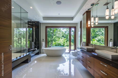 Spacious Bathroom With Double Sinks and Large Tub