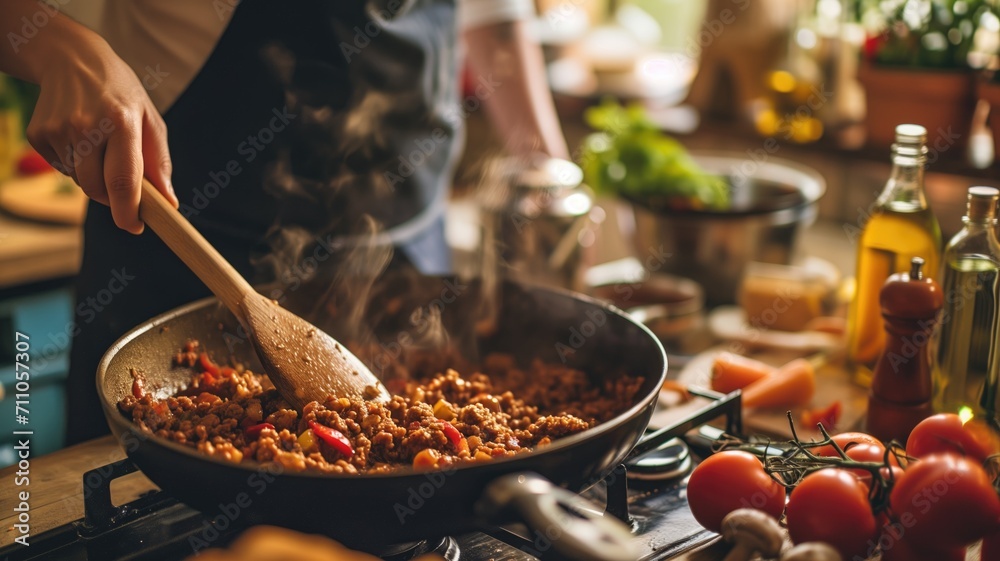 Cooking minced meat in a pan on the stove - obrazy, fototapety, plakaty 