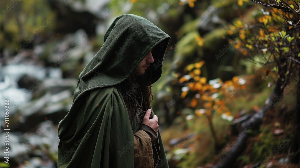 Man in a green hooded cloak in a misty forest Man in a green hooded cloak in a misty forest