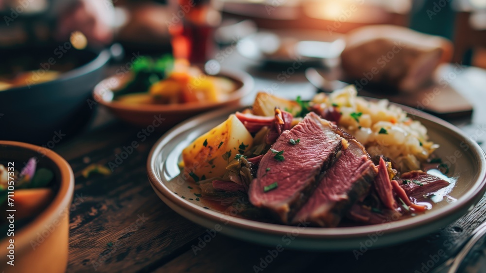 A close-up of a delicious corned beef dish with vegetables - obrazy, fototapety, plakaty 