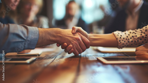 Two people shaking hands firmly over a business meeting photo
