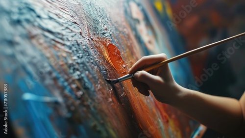 Hand painting a vibrant canvas with an orange stroke