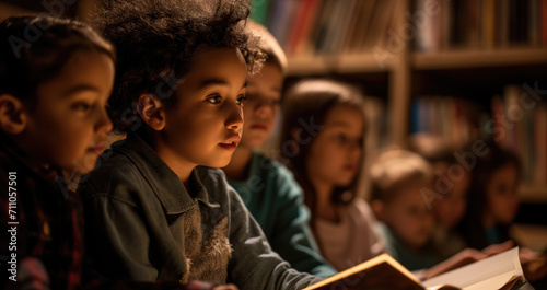 Children captivated by a storybook in a dimly lit room