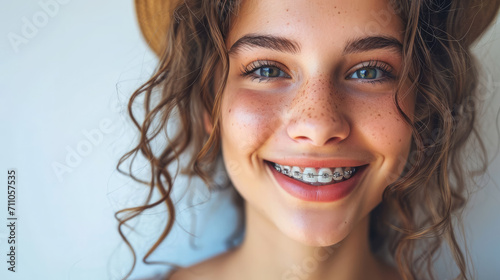 young smiling girl with metal braces on her teeth, bite correction, orthodontist, health, medicine, dentistry, oral cavity, straight, white, portrait, mouth, person, people, treatment, beauty, smile photo
