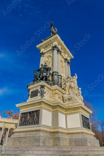 Architectural fragments of Monument to King Alfonso XII in Buen Retiro Park (Parque del Buen Retiro). Buen Retiro Park - one of largest parks of Madrid City. Spain.