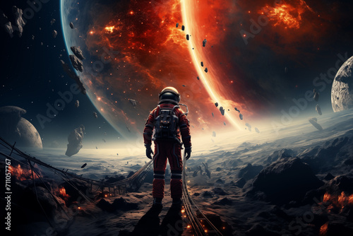 Astronaut auf einem fremden außergewöhnlichen Planeten, Planeten und Monde am Himmel, Science-Fiction Weltraum