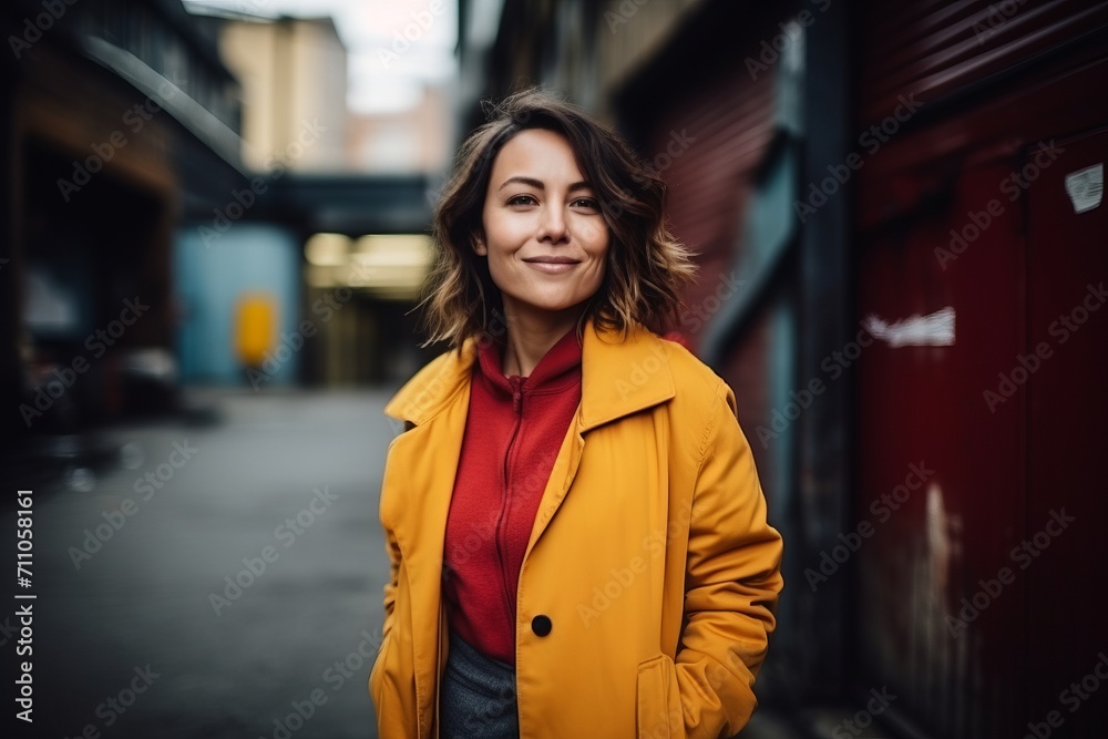 Portrait of a beautiful woman in a yellow coat in the city