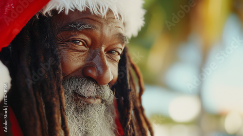 Close up of a happy Caribbean alternative black Santa Claus on an exotic tropical beach