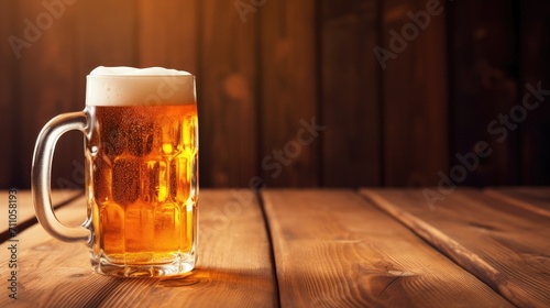 Mug of beer on a wooden table with copy space