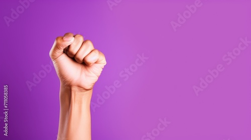 Woman raised. violet background. international women  s day. 8 march