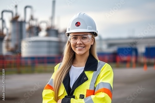 Portrait of a female engineer wearing hard hat and safety glasses at an industrial facility
