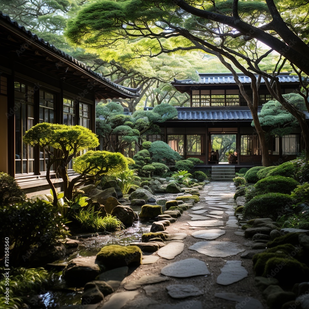 Fototapeta premium Japanese garden with a stone path and trees