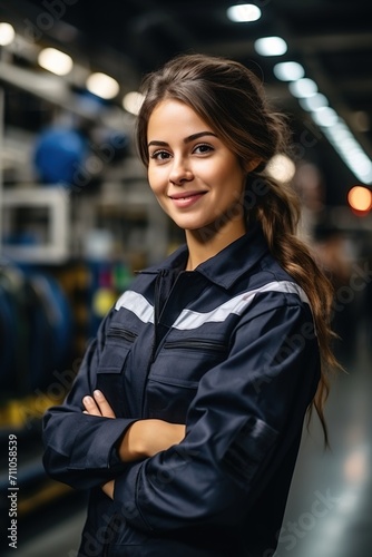 Portrait of a young female engineer smiling in a factory