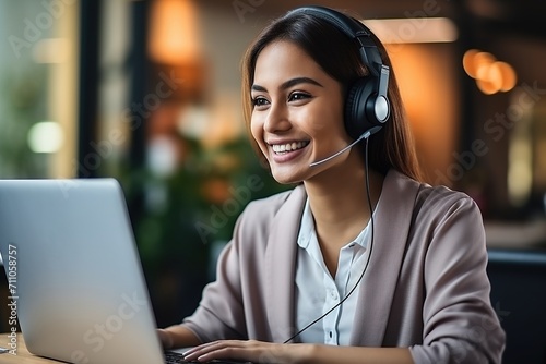 Smiling Indian woman wearing a headset and using a laptop photo