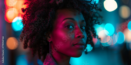 Confident African American woman with curly hair against a backdrop of vibrant bokeh lights