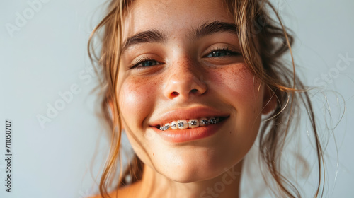 young smiling girl with metal braces on her teeth, bite correction, orthodontist, health, medicine, dentistry, oral cavity, straight, white, portrait, mouth, person, people, treatment, beauty, smile photo