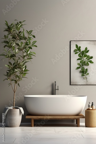 Bathroom with a large plant and a bathtub