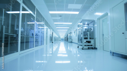 dolly shot inside bright advanced semiconductor production fab clean room. Ai Generative photo