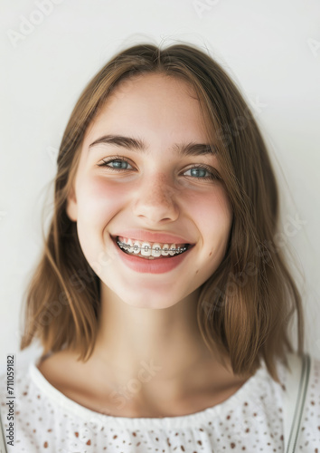 young smiling girl with metal braces on her teeth, bite correction, orthodontist, health, medicine, dentistry, oral cavity, straight, white, portrait, mouth, person, people, treatment, beauty, smile