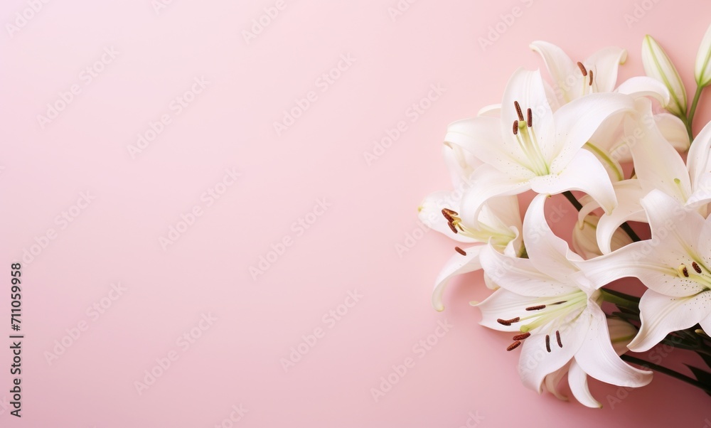 White lilies bouquet on light pink background. Banner with copy space. For poster, greeting card, event invitation, promotion, advertising, print, elegant design. Present for Womens day, Valentine. White lilies bouquet on light pink background. Banner with copy space. For poster, greeting card, event invitation, promotion, advertising, print, elegant design. Present for Womens day, Valentine.