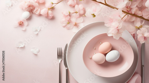Elegant spring table decor with cherry blossoms and pastel eggs. Top view. Pink colors. Easter dinner/ Copy space