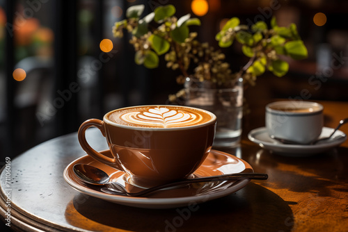 Eine heiße Tasse Kaffee in einem modernen Cafe, Kunst auf Kaffeeschaum, schöne Tasse