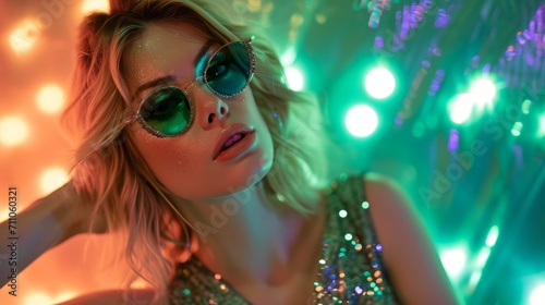 Glamorous Blonde woman in green glitter dress and jeweled glasses on a vibrant neon background. Concept for masquerade, holiday and corporate party. Ideal for style magazines and party event visuals.