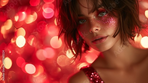 Close-up of brunette with glitter makeup and red sparkling dress on bokeh lights background. Concept for masquerade, holiday, corporate party and nightlife.