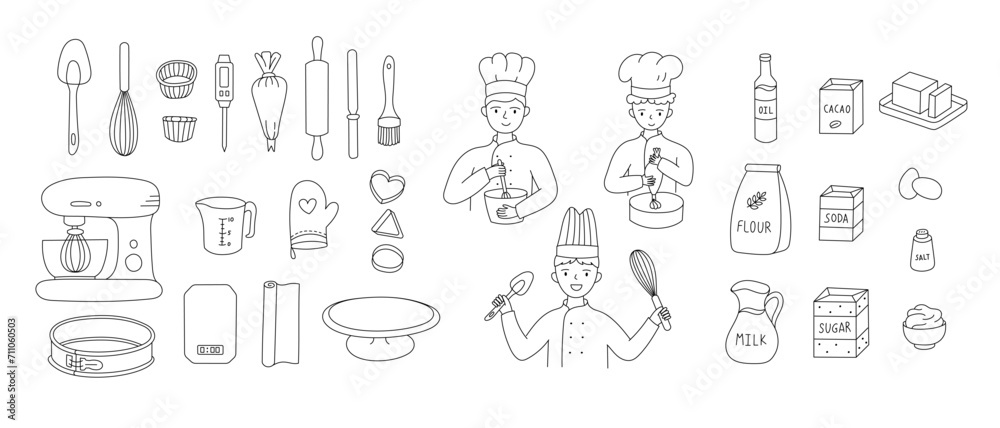 Baking line illustrations set. Doodle hand drawn cooking tools collection. Bakery ingredients, flour, butter and milk. Pastry prepare ingredients and supplies Baking line illustrations set. Doodle hand drawn cooking tools collection. Bakery ingredients, flour, butter and milk. Pastry prepare ingredients and supplies