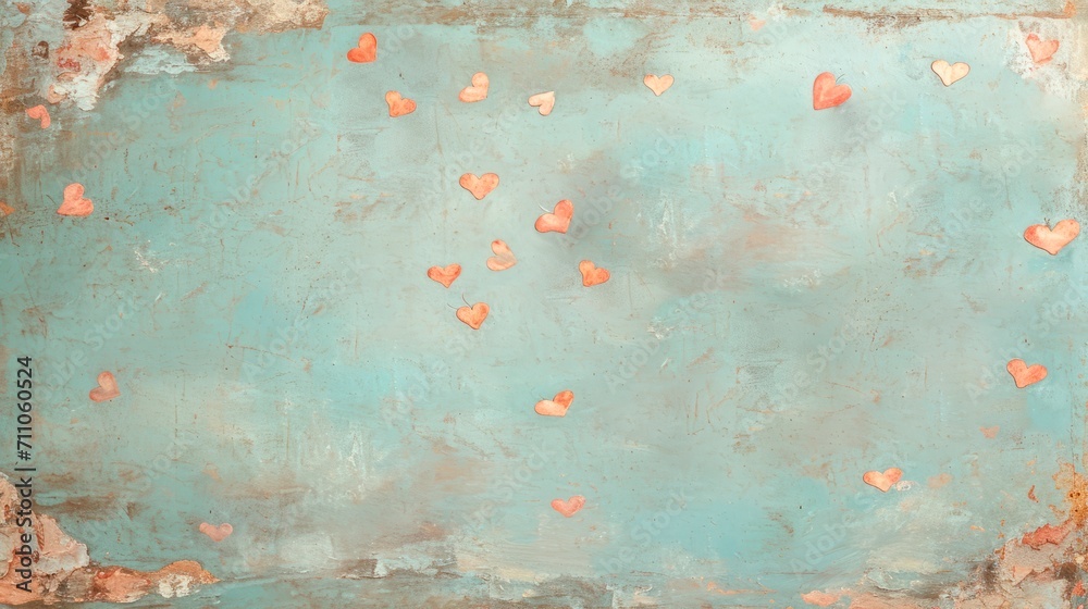 Textured turquoise backdrop with hearts in different sizes and colors. With copy space. Illustration in the style of oil painting. Ideal for designs related to love, relationships or Valentines Day. - obrazy, fototapety, plakaty 