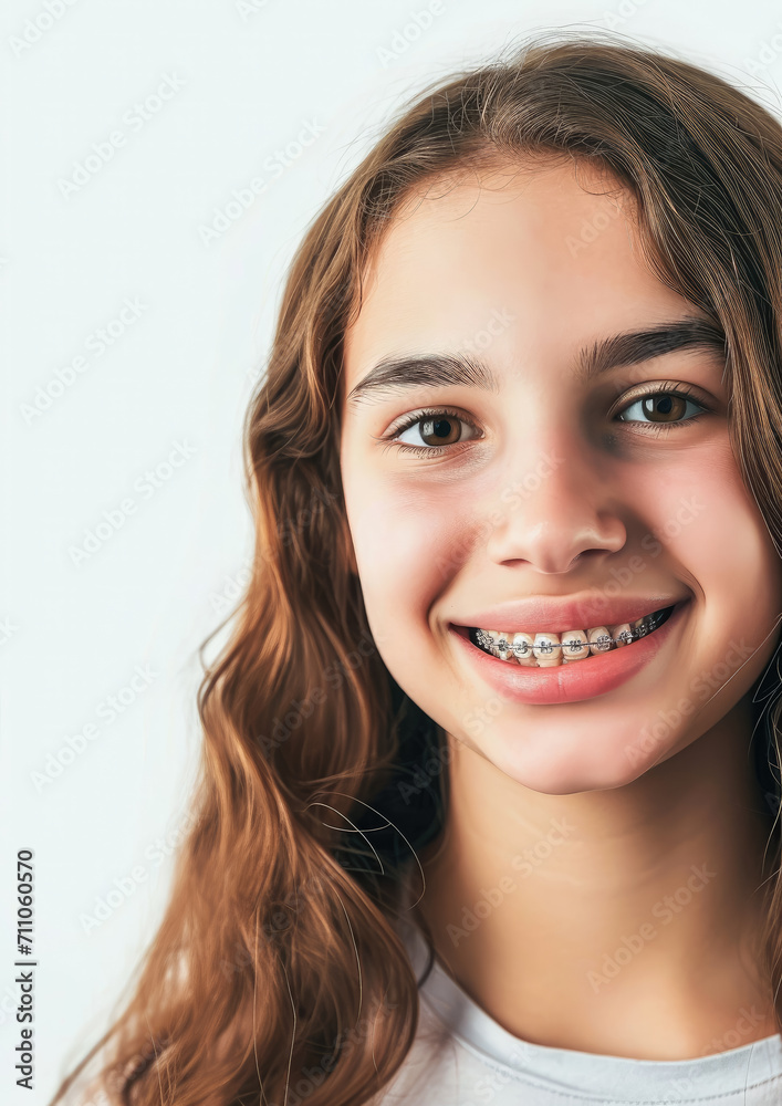 young smiling girl with metal braces on her teeth, bite correction, orthodontist, health, medicine, dentistry, oral cavity, straight, white, portrait, mouth, person, people, treatment, beauty, smile young smiling girl with metal braces on her teeth, bite correction, orthodontist, health, medicine, dentistry, oral cavity, straight, white, portrait, mouth, person, people, treatment, beauty, smile