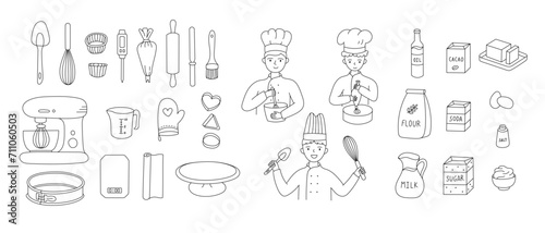 Baking line illustrations set. Doodle hand drawn cooking tools collection. Bakery ingredients  flour  butter and milk. Pastry prepare ingredients and supplies