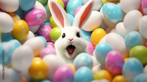 A white rabbit with a surprised expression among speckled Easter eggs. Ideal for holiday-themed promotions and spring event decorations. Easter bunny