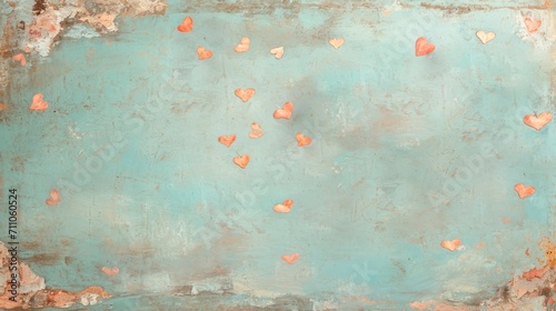 Textured turquoise backdrop with hearts in different sizes and colors. With copy space. Illustration in the style of oil painting. Ideal for designs related to love, relationships or Valentines Day.