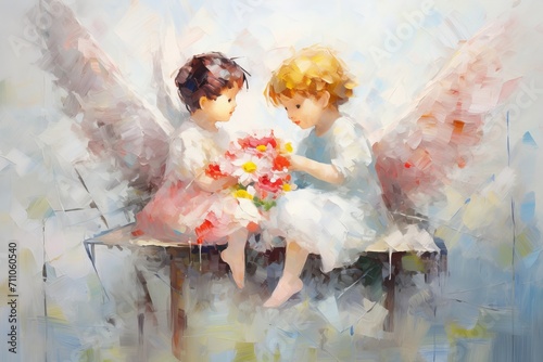 Two children with wings sitting on bench, one handing flowers to the other. Illustration in style of oil painting. Suitable for greeting cards or wall art, embodying themes of friendship and kindness