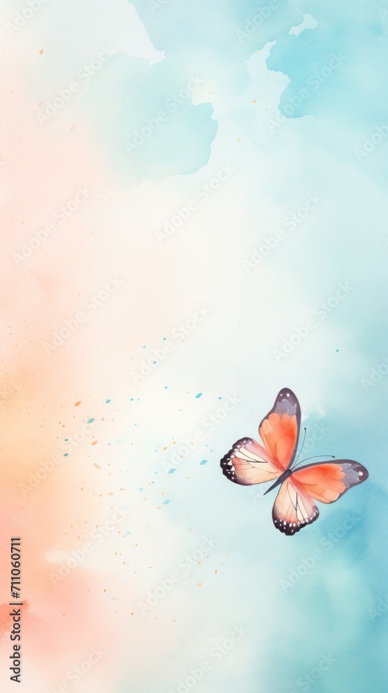 Watercolor illustration of peach butterfly on pastel delicate blue background with watercolor splashes and stains.. With copy space. The concept of delicate beauty of nature. Vertical format