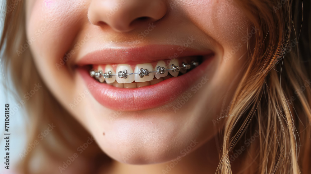 young smiling girl with metal braces on her teeth, bite correction, orthodontist, health, medicine, dentistry, oral cavity, straight, white, portrait, mouth, person, people, treatment, beauty, smile young smiling girl with metal braces on her teeth, bite correction, orthodontist, health, medicine, dentistry, oral cavity, straight, white, portrait, mouth, person, people, treatment, beauty, smile