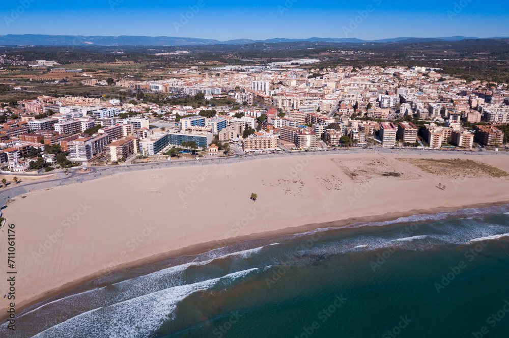 Φωτογραφία Aerial view of small Mediterranean coastal town of Torredembarra in Catalonia, S