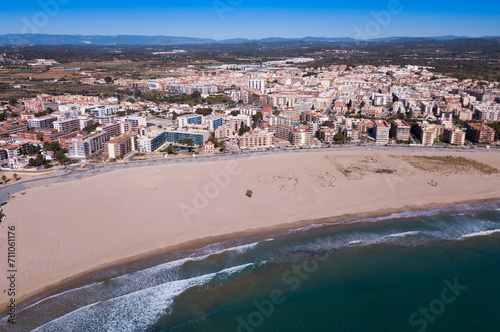Aerial view of small Mediterranean coastal town of Torredembarra in Catalonia, Spain © JackF