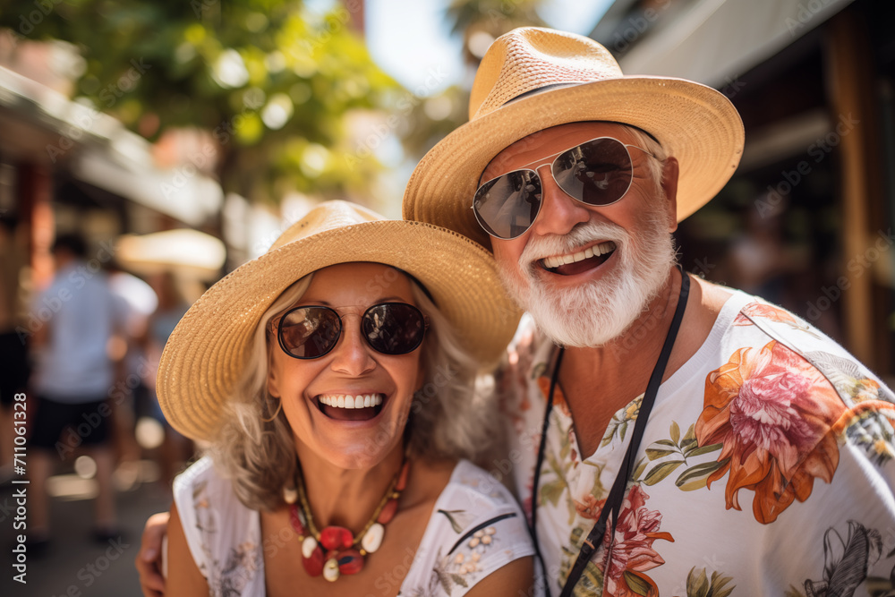 Happy elderly couple with hats smiling in Their Vacation Together