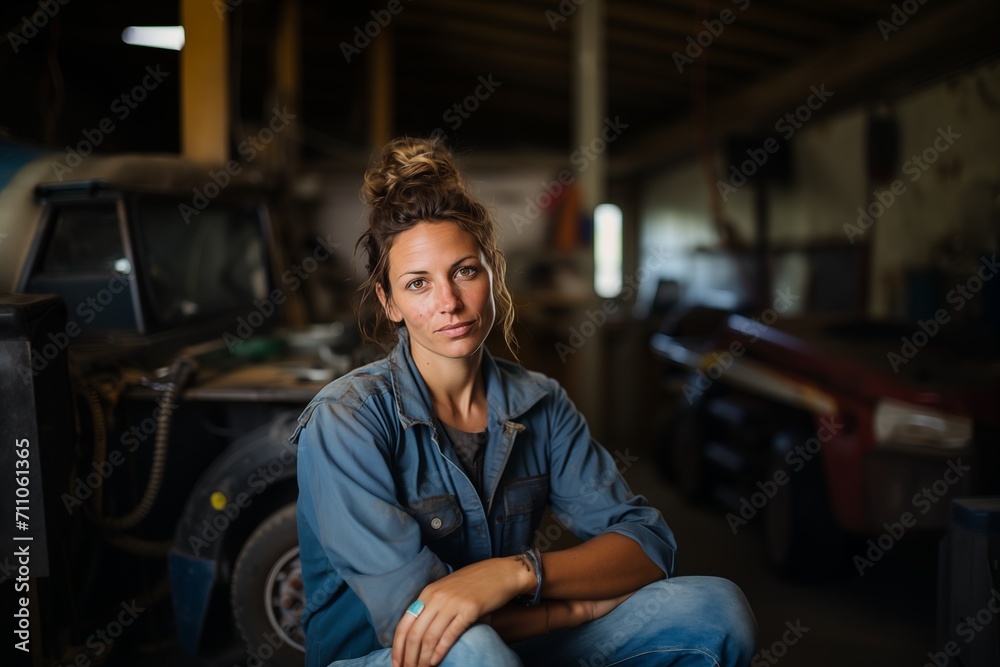 Young woman mechanic with work trucks in the background Young woman mechanic with work trucks in the background