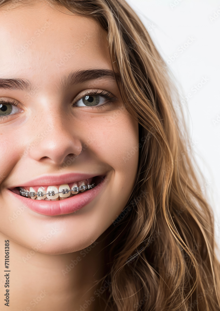 young smiling girl with metal braces on her teeth, bite correction, orthodontist, health, medicine, dentistry, oral cavity, straight, white, portrait, mouth, person, people, treatment, beauty, smile young smiling girl with metal braces on her teeth, bite correction, orthodontist, health, medicine, dentistry, oral cavity, straight, white, portrait, mouth, person, people, treatment, beauty, smile
