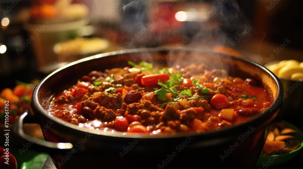 Closeup of a bubbling pot of y chili, filled with beans, tomatoes, and ground beef. - obrazy, fototapety, plakaty 